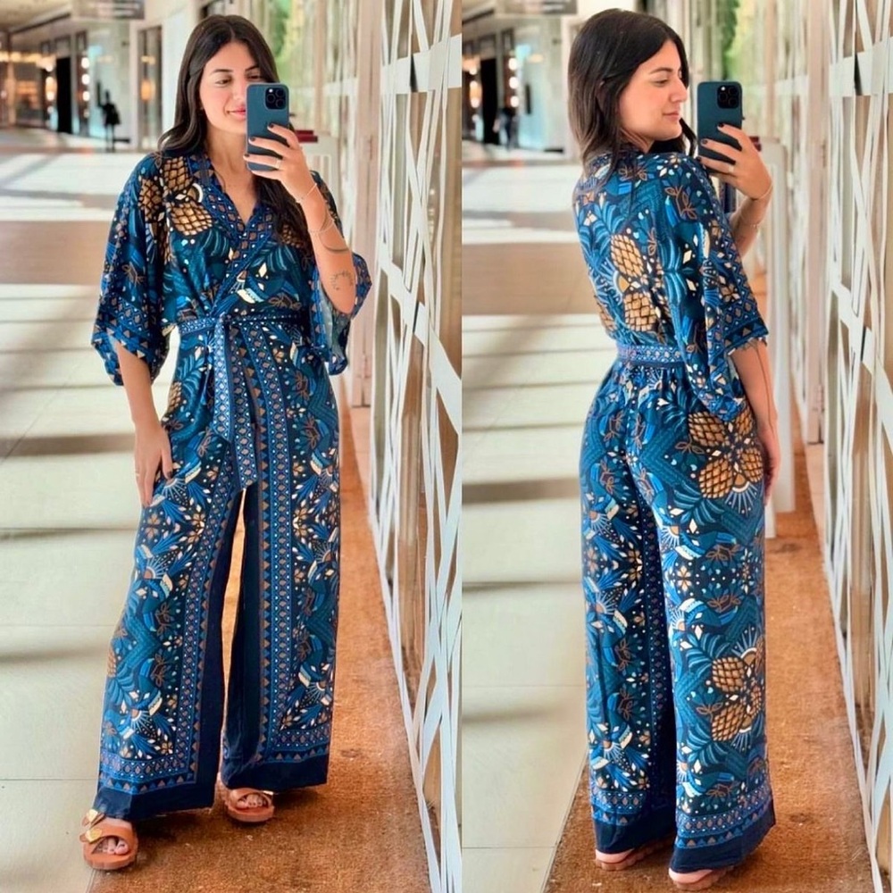 FARM Rio Blue Floral Wrap Jumpsuit
